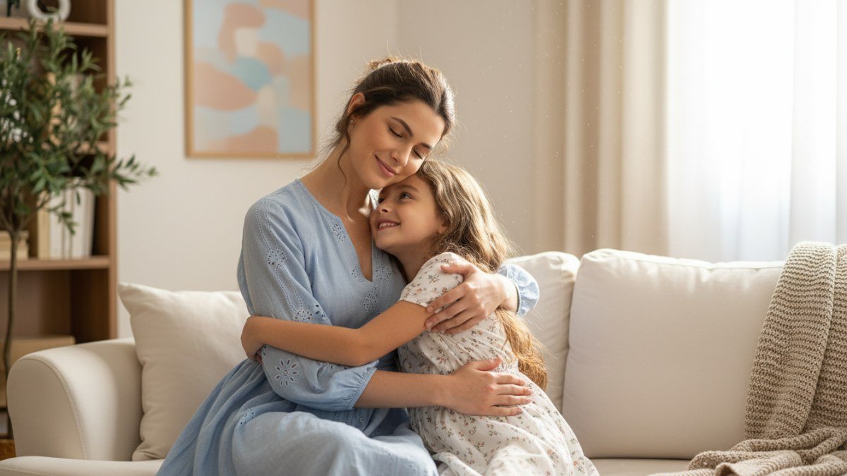 M&atilde;e e filha se abra&ccedil;ando carinhosamente, transmitindo amor e f&eacute; no Dia das M&atilde;es, em um ambiente acolhedor com luz natural.