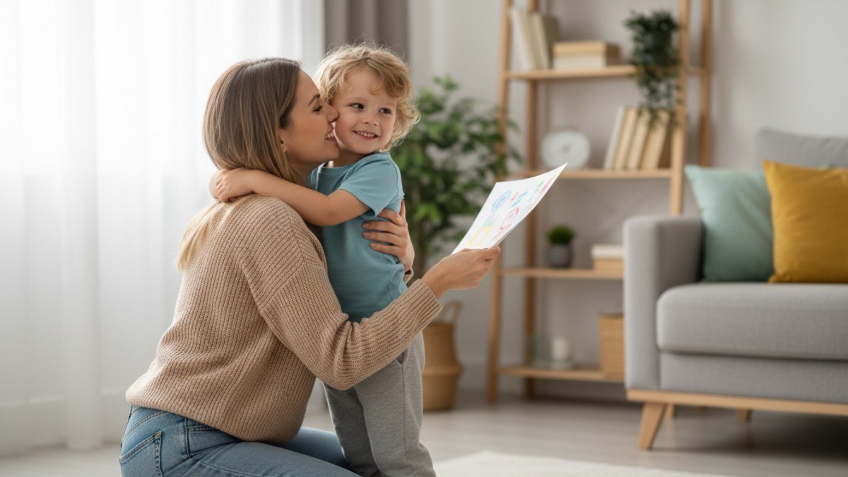M&atilde;e e filho em um momento de carinho, com a crian&ccedil;a entregando um cart&atilde;o feito &agrave; m&atilde;o e recebendo um abra&ccedil;o afetuoso, transmitindo a pureza do amor e a sinceridade da homenagem.