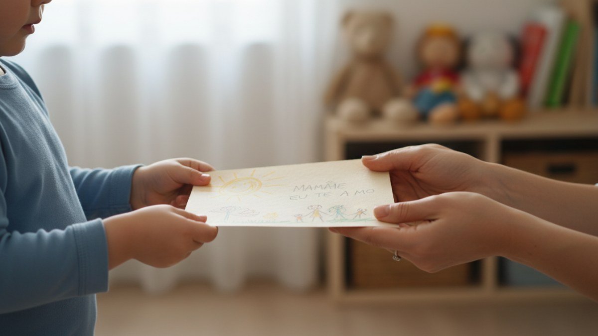 M&atilde;os de uma crian&ccedil;a oferecendo um cart&atilde;o artesanal feito com carinho para as m&atilde;os de uma m&atilde;e, simbolizando o amor puro e a dedica&ccedil;&atilde;o no Dia das M&atilde;es na escola infantil.