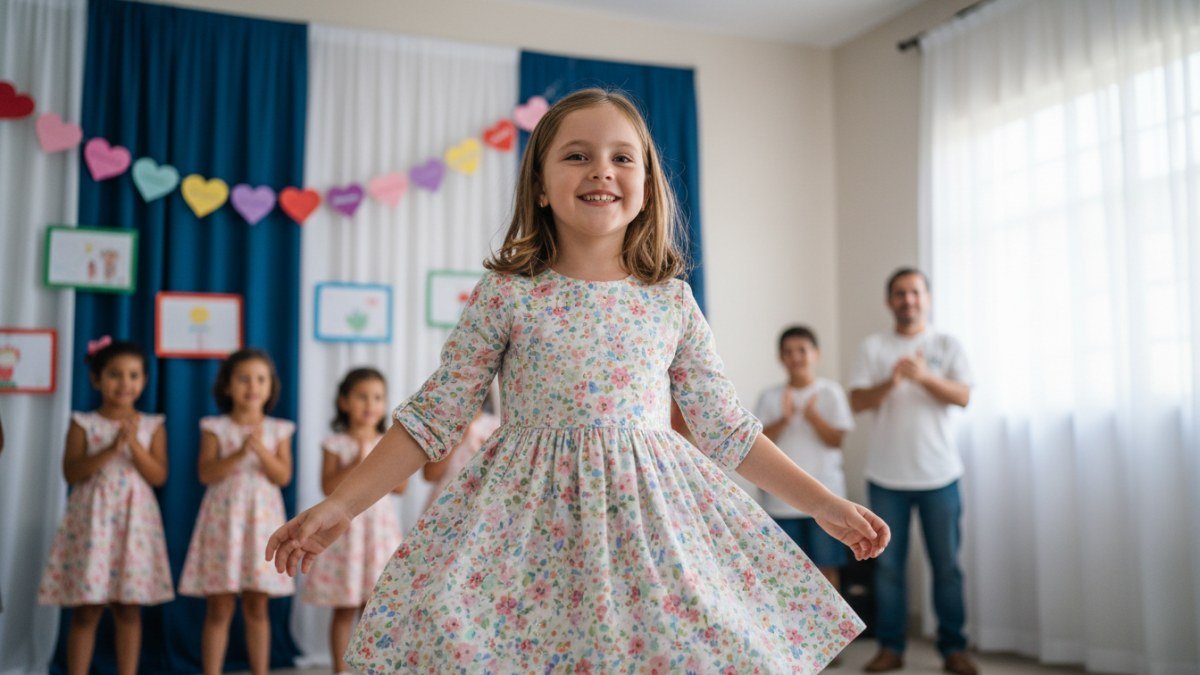 Menina feliz em uma comemora&ccedil;&atilde;o de Dia das M&atilde;es na escola, usando um vestido infantil leve e estampado que oferece conforto e liberdade para brincar e participar das atividades.