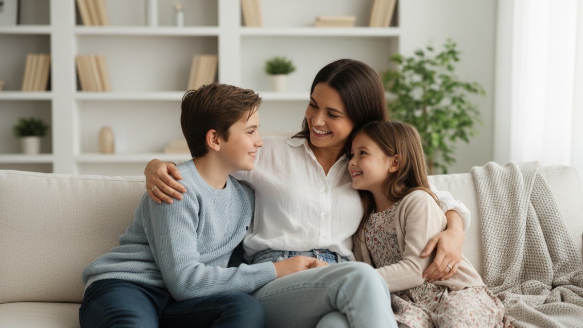M&atilde;e sorridente abra&ccedil;a seus filhos, um menino e uma menina, em um sof&aacute;, transmitindo amor e uni&atilde;o familiar.