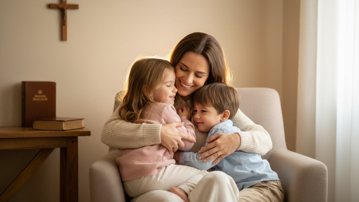 M&atilde;e e filho se abra&ccedil;ando carinhosamente em um ambiente iluminado por uma luz suave, simbolizando o amor materno e a f&eacute; crist&atilde; no Dia das M&atilde;es.