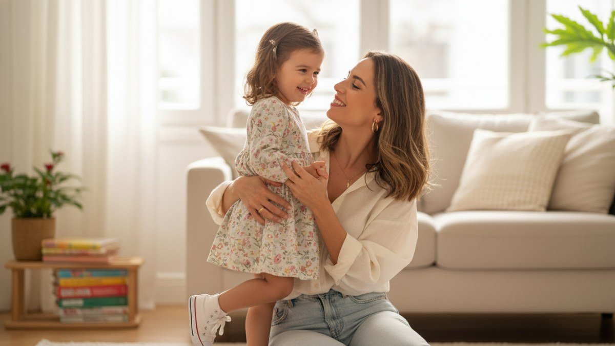 M&atilde;e e filho(a) pequeno(a) abra&ccedil;ados e sorrindo, celebrando o Dia das M&atilde;es em um ambiente acolhedor, com a crian&ccedil;a vestindo um look infantil charmoso e confort&aacute;vel.