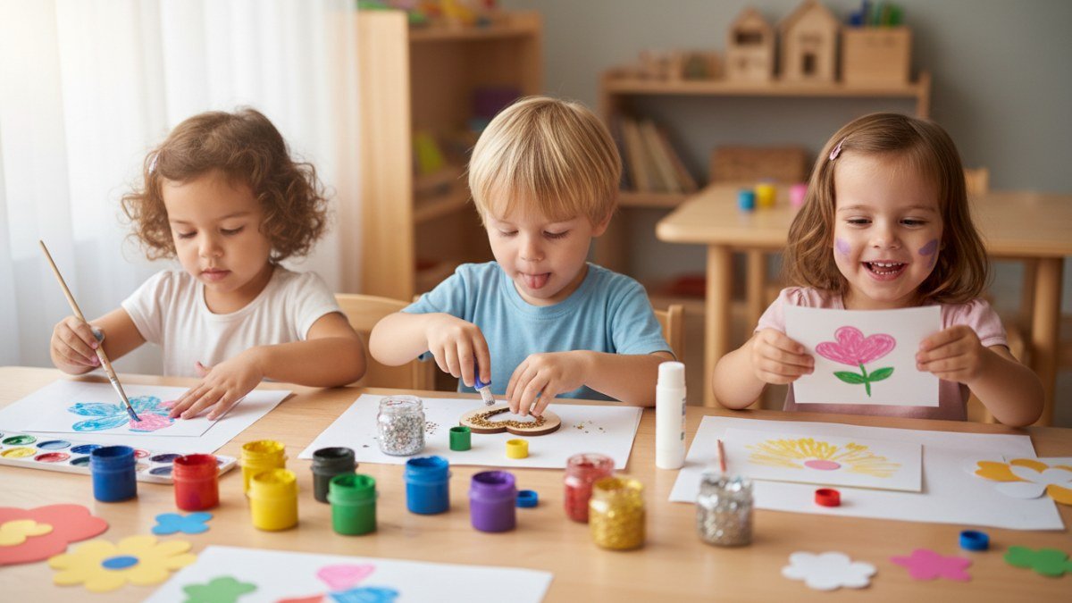 Crian&ccedil;as pequenas, com idade pr&eacute;-escolar, criando lembrancinhas artesanais coloridas para o Dia das M&atilde;es em uma mesa de atividades, usando tintas, pinc&eacute;is e papel, com foco na express&atilde;o criativa infantil.
