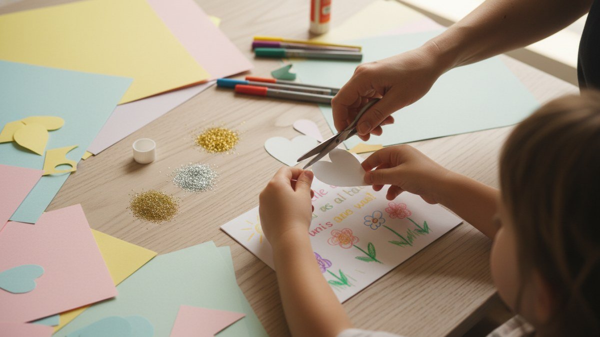 M&atilde;os de uma crian&ccedil;a e de um adulto juntas, recortando e colando pap&eacute;is coloridos para fazer um cart&atilde;o de Dia das M&atilde;es em uma mesa de artesanato.