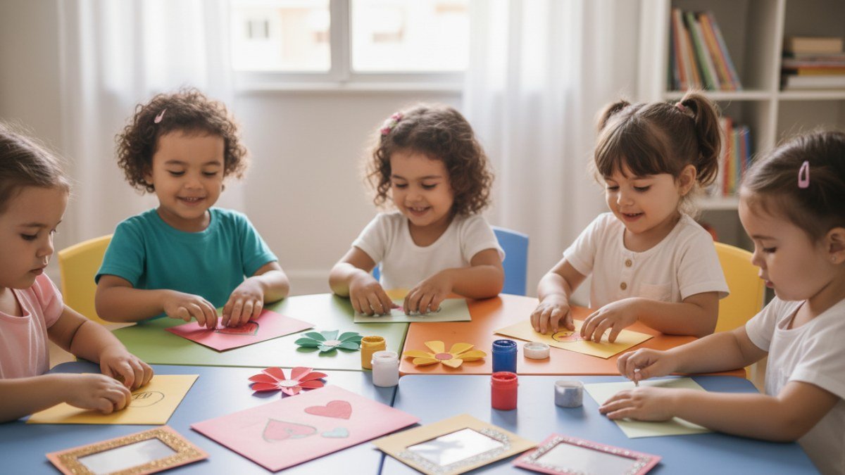 Crian&ccedil;as pequenas, diversas e felizes, em idade de educa&ccedil;&atilde;o infantil, sentadas em uma mesa, concentradas na cria&ccedil;&atilde;o de lembrancinhas artesanais para o Dia das M&atilde;es. Elas est&atilde;o usando materiais como papel colorido, tinta e cola, com alguns presentes simples e afetivos j&aacute; prontos.