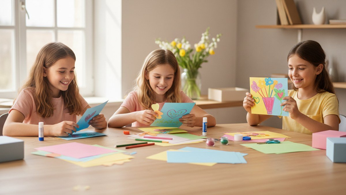 Crian&ccedil;as de 8 a 11 anos criando cart&otilde;es coloridos para o Dia das M&atilde;es em uma mesa, usando canetinhas, cola e papel. A imagem mostra a concentra&ccedil;&atilde;o e a alegria delas na atividade artesanal.