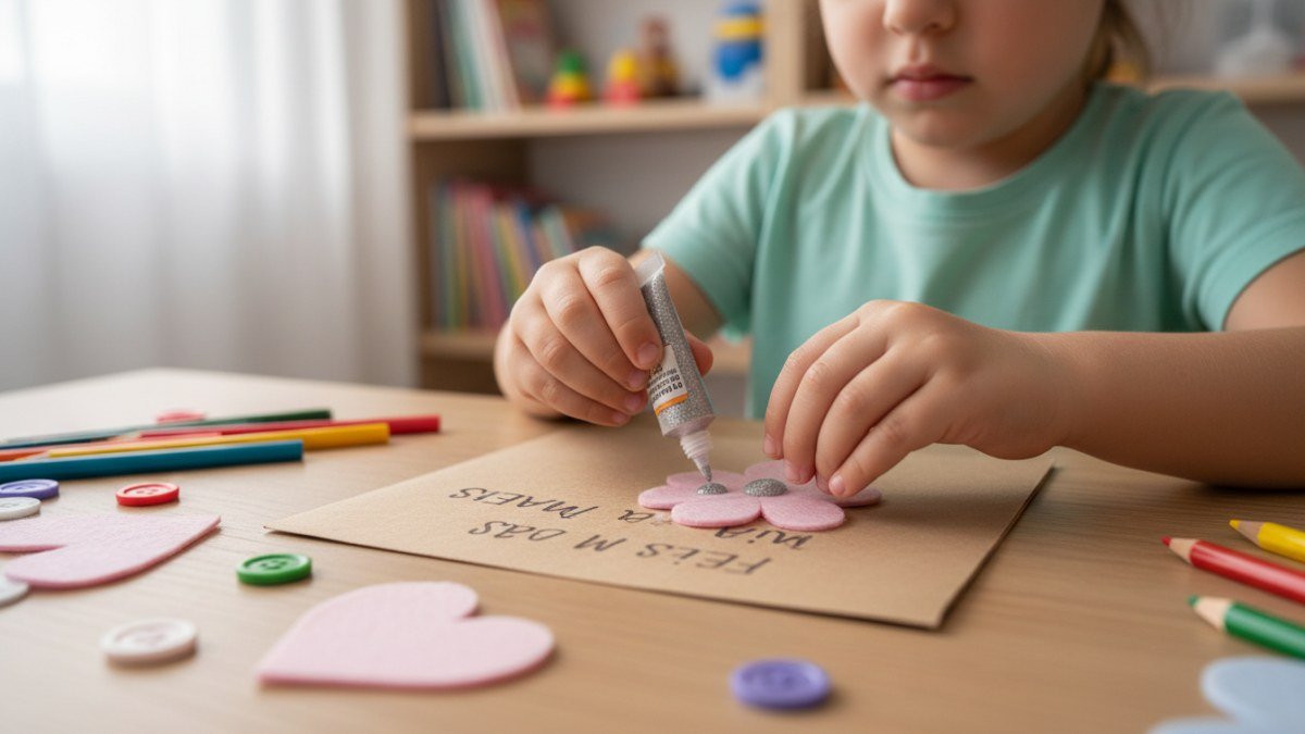 M&atilde;os de uma crian&ccedil;a em idade pr&eacute;-escolar decorando uma lembrancinha artesanal para o Dia das M&atilde;es, com foco no carinho e nos detalhes.