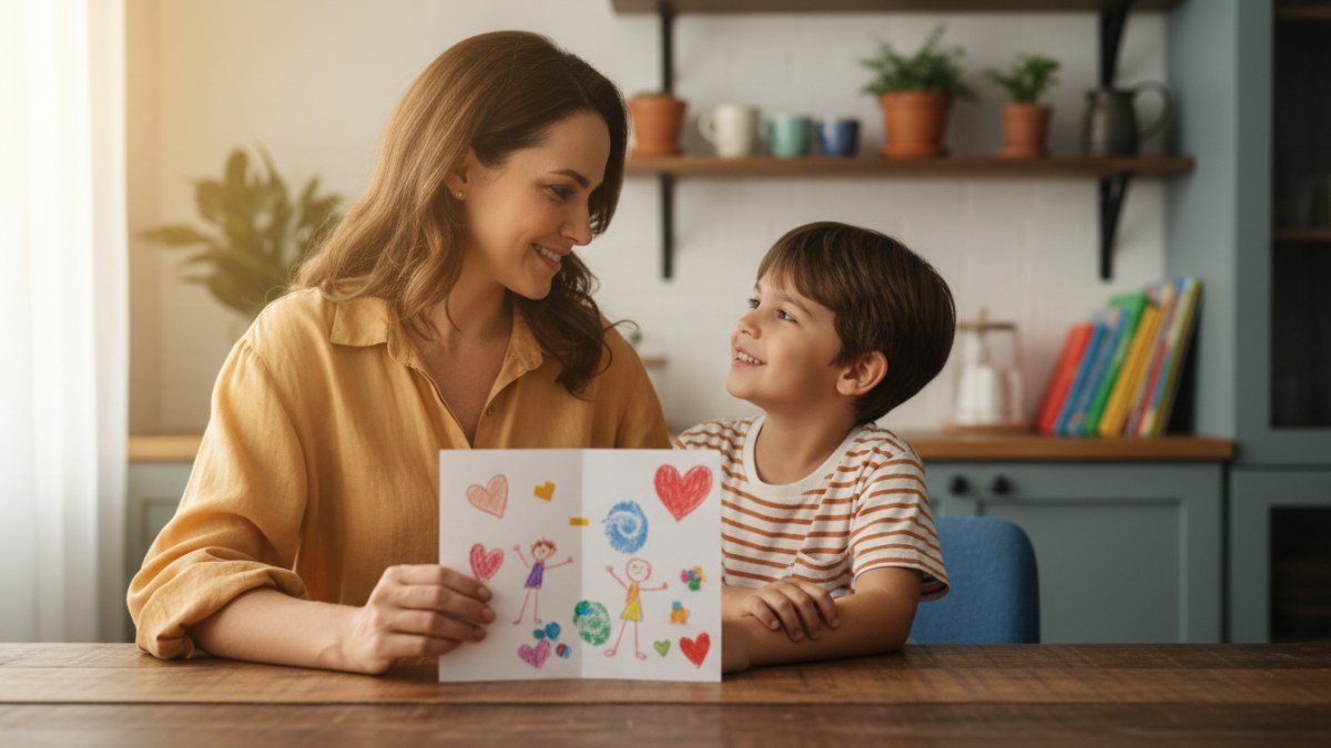 M&atilde;e sorrindo com ternura para o filho enquanto segura um cart&atilde;o de Dia das M&atilde;es feito &agrave; m&atilde;o com desenhos coloridos e colagens, em um momento de carinho familiar.