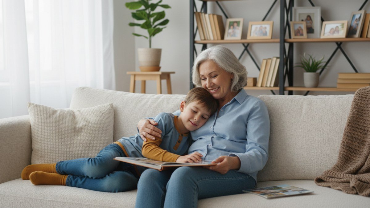 Av&oacute; e neto desfrutando de um momento de leitura e carinho no sof&aacute;, simbolizando o la&ccedil;o afetivo e a transmiss&atilde;o de mem&oacute;rias entre gera&ccedil;&otilde;es para celebrar o Dia dos Av&oacute;s.