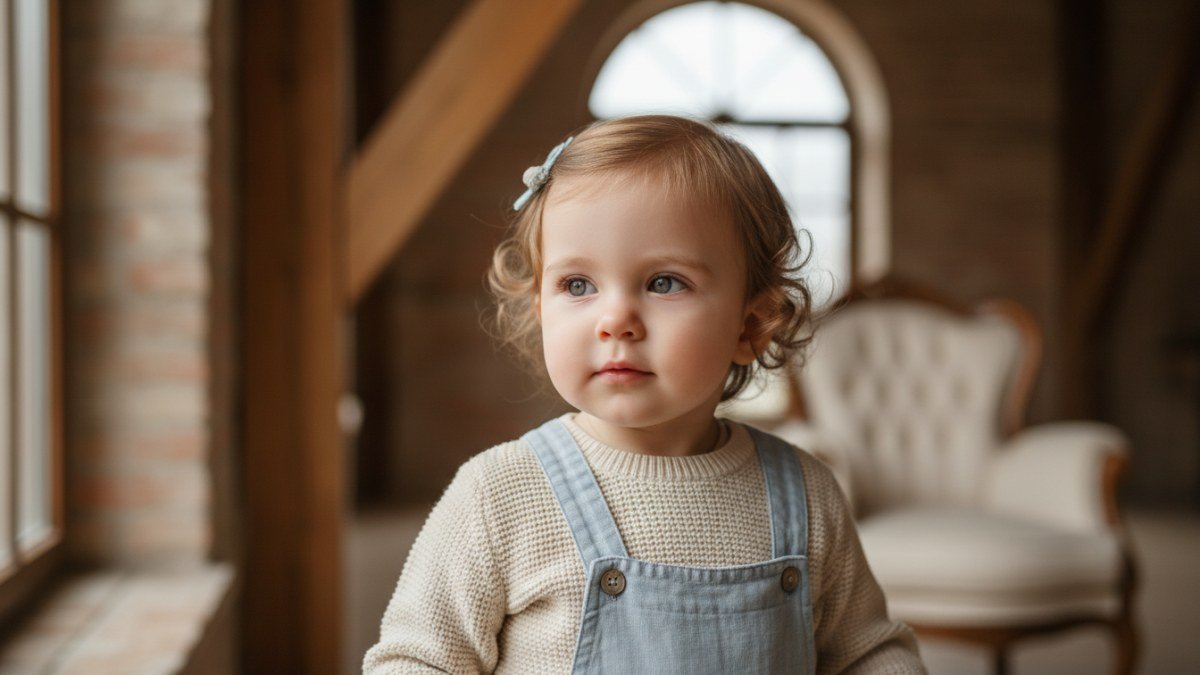 Beb&ecirc; menina com express&atilde;o serena e delicada, vestindo roupas em tons pastel, simbolizando a pureza e a eleg&acirc;ncia dos nomes italianos femininos.