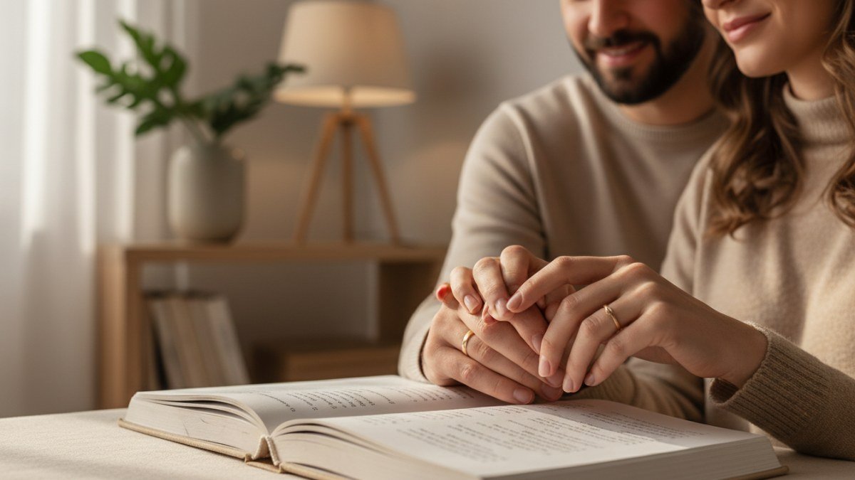 Pais escolhendo nomes raros e elegantes para beb&ecirc;s em um livro ou tablet, com as m&atilde;os entrela&ccedil;adas, em um momento de carinho e profunda contempla&ccedil;&atilde;o.