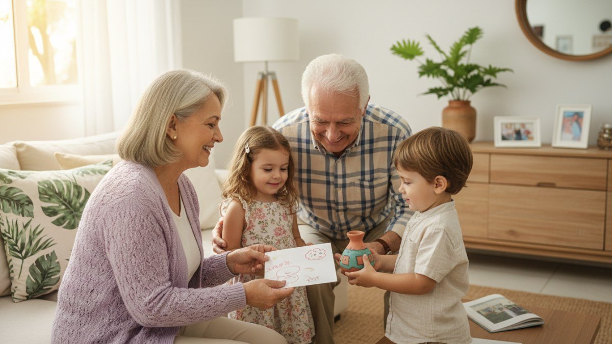 Av&oacute;s sorrindo e visivelmente emocionados enquanto recebem presentes artesanais, como um desenho e um pequeno objeto feito &agrave; m&atilde;o, de seus dois netos em uma sala de estar aconchegante.