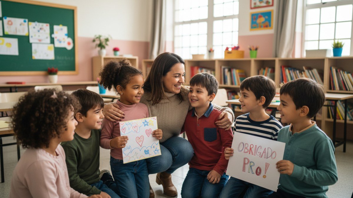 Crian&ccedil;as sorridentes em sala de aula, apresentando desenhos e cart&otilde;es feitos &agrave; m&atilde;o para a professora no Dia dos Professores.
