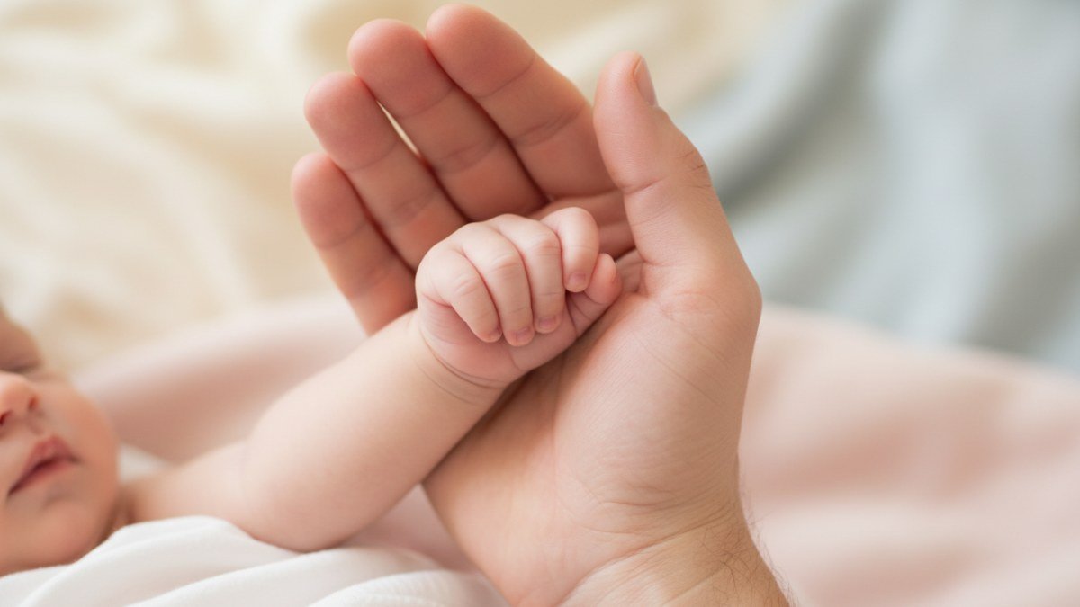 M&atilde;os de um beb&ecirc; rec&eacute;m-nascido sendo seguradas delicadamente pela m&atilde;o de um adulto, em um fundo suave. A imagem transmite a beleza e a ternura da chegada de uma nova vida, simbolizando o amor e a escolha do nome.