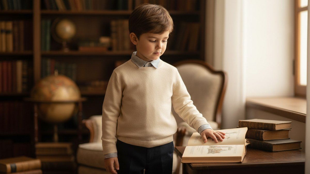 Um menino com cerca de 6 anos, vestindo roupas elegantes de estilo clássico, com uma expressão serena e curiosa, toca delicadamente as páginas de um livro antigo e aberto. A cena, iluminada por uma luz suave e acolhedora, evoca a descoberta da história e dos significados profundos dos nomes bíblicos masculinos.