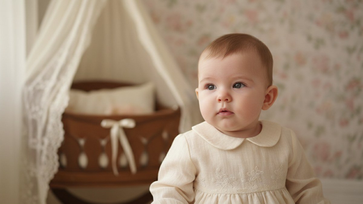 Close-up de um beb&ecirc; menina em um ambiente elegante e sereno, com roupas delicadas em tons neutros, transmitindo a beleza e a sofistica&ccedil;&atilde;o da escolha de um nome raro.
