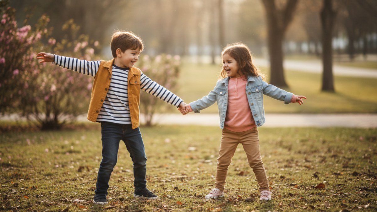 Duas crian&ccedil;as, um menino e uma menina, de 6 e 8 anos, brincando em um parque em um dia de clima ameno de meia-esta&ccedil;&atilde;o. Eles vestem roupas infantis em camadas leves, como camiseta de manga longa, jaqueta fina e cal&ccedil;a confort&aacute;vel, demonstrando versatilidade para a temperatura vari&aacute;vel.