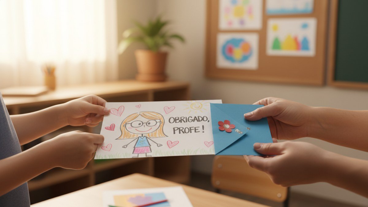 M&atilde;os de uma crian&ccedil;a entregando um desenho feito &agrave; m&atilde;o para as m&atilde;os de um adulto, representando uma homenagem sincera e carinhosa no Dia dos Professores.
