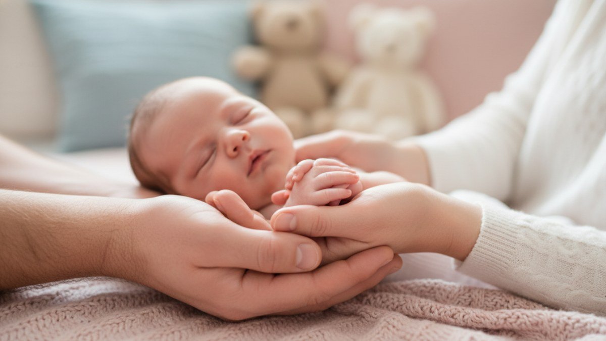 M&atilde;os de uma m&atilde;e e um pai segurando carinhosamente as pequenas m&atilde;os de sua filha beb&ecirc; rec&eacute;m-nascida, simbolizando o amor e a jornada de escolher um nome italiano feminino.