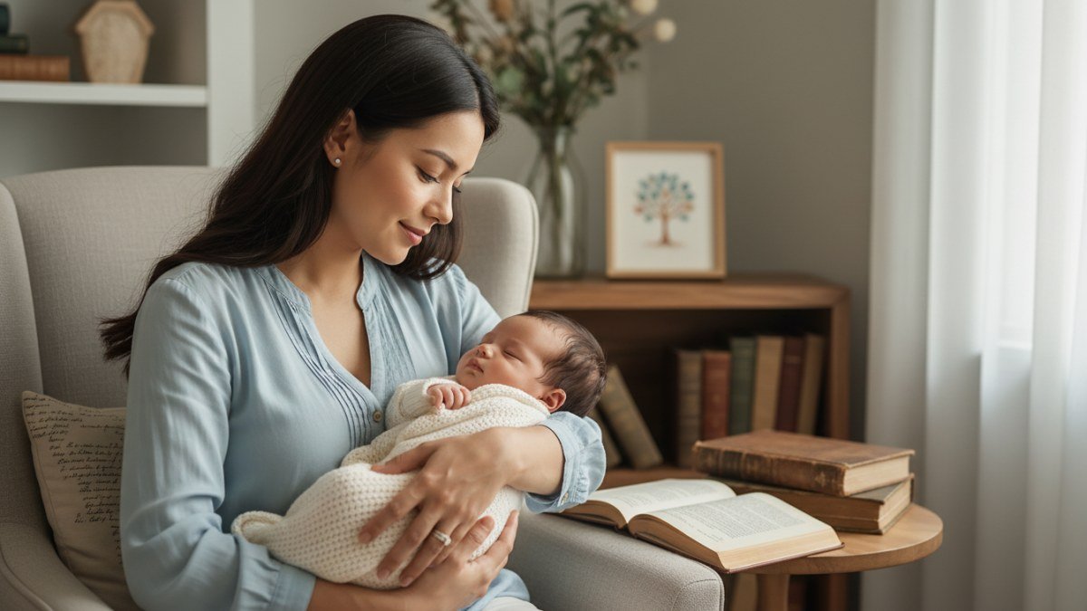 Mãe ou pai, com expressão de carinho e contemplação, segura um bebê menino em um ambiente aconchegante, simbolizando a escolha de um nome com significado e legado.