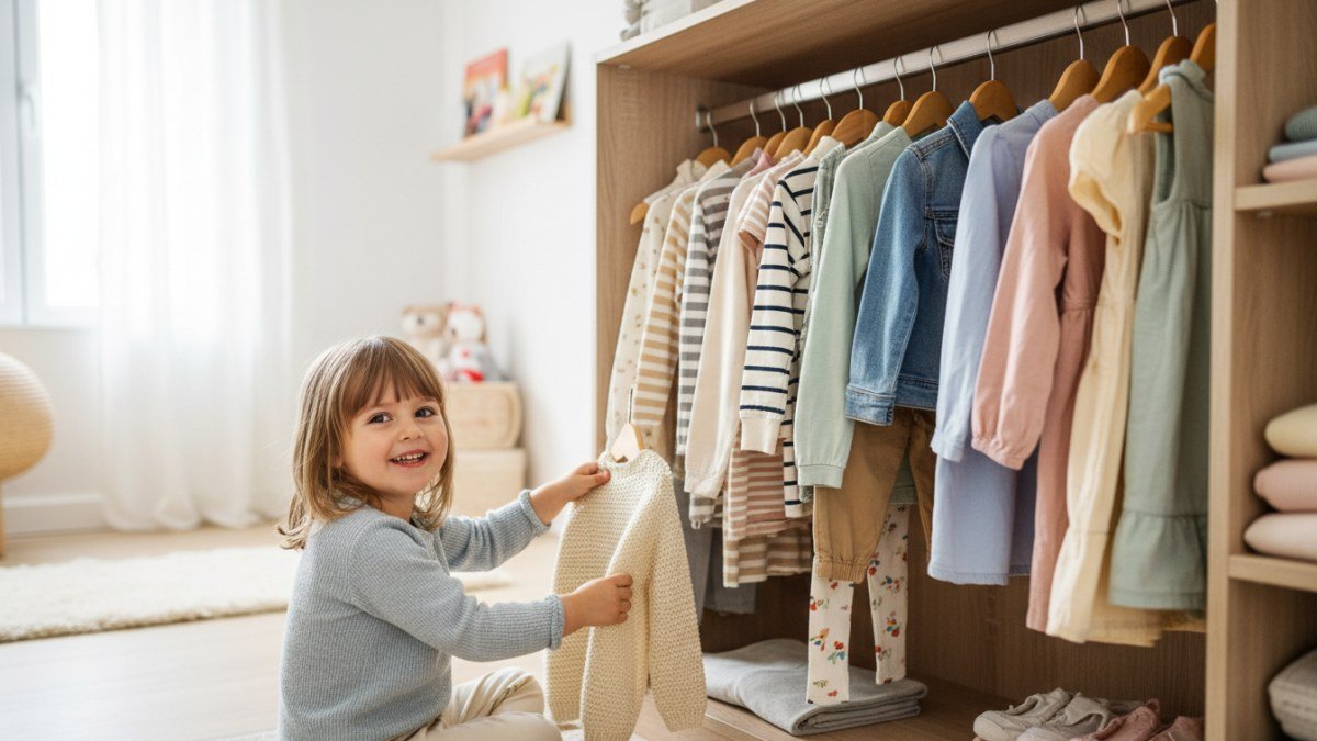 Crian&ccedil;a escolhendo roupas de meia-esta&ccedil;&atilde;o em um guarda-roupa organizado, com pe&ccedil;as vers&aacute;teis como cardig&atilde;s, camisetas de manga longa e jaquetas leves, ideais para montar looks em camadas.
