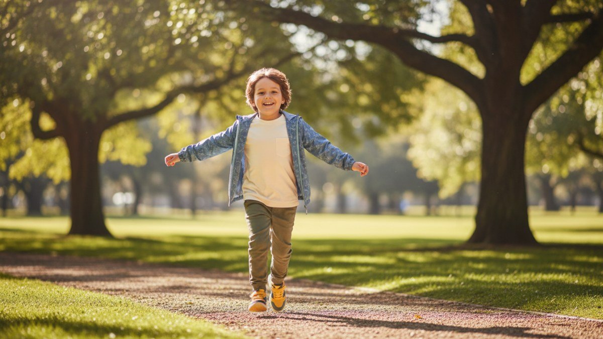 Crian&ccedil;a sorridente brincando ao ar livre, vestindo um look pr&aacute;tico de meia-esta&ccedil;&atilde;o com camadas de roupa leve, ideal para conforto e estilo em dias de clima vari&aacute;vel.