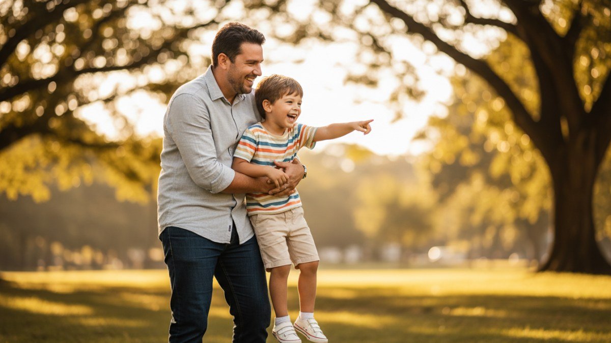 Pai e filho sorrindo e se abra&ccedil;ando em um momento de carinho e conex&atilde;o, com a luz do sol iluminando-os suavemente. Ambos est&atilde;o vestidos com roupas casuais e confort&aacute;veis.