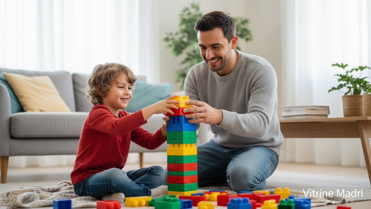 Pai e filho sentados no ch&atilde;o, sorrindo e construindo uma torre com blocos coloridos, simbolizando a cria&ccedil;&atilde;o de la&ccedil;os e mem&oacute;rias atrav&eacute;s de atividades compartilhadas.
