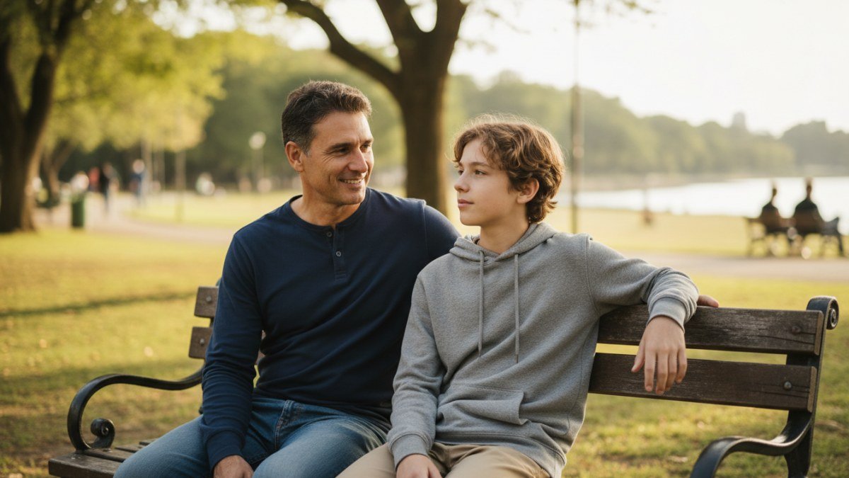 Pai e filho adolescente sentados em um banco de parque, compartilhando um momento de conversa e conex&atilde;o profunda, simbolizando a for&ccedil;a do v&iacute;nculo paterno.