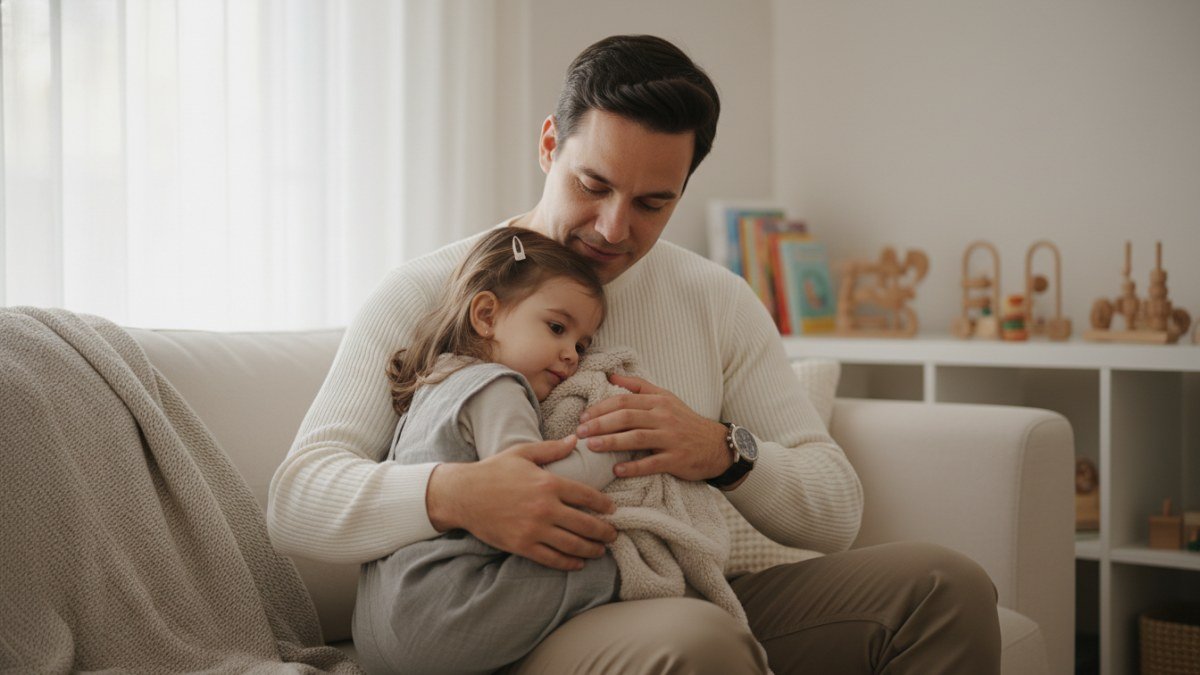 Um adulto abraçando carinhosamente uma criança pequena, transmitindo segurança e apoio durante o processo de desmame da chupeta, em um ambiente aconchegante.