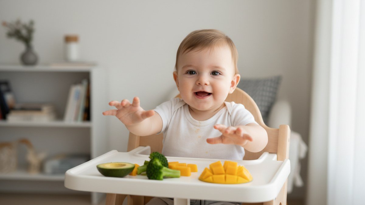 Beb&ecirc; sorridente de 6 a 8 meses explorando peda&ccedil;os de br&oacute;colis, manga e abacate em sua cadeira alta, simbolizando a fase de introdu&ccedil;&atilde;o alimentar com alegria e naturalidade.