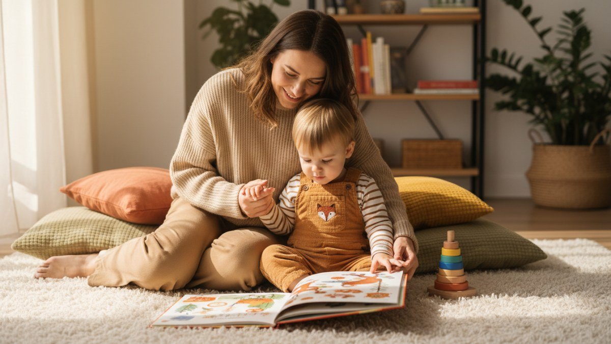 Mãe e filho em um momento de carinho e distração com um livro, simbolizando o acolhimento e o apoio durante o processo de desmame da chupeta.