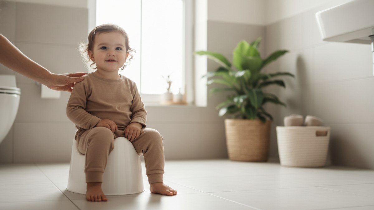 Crian&ccedil;a pequena sentada calmamente em um penico infantil, com a m&atilde;o de um adulto oferecendo apoio, ilustrando um desfralde gentil e sem press&atilde;o.