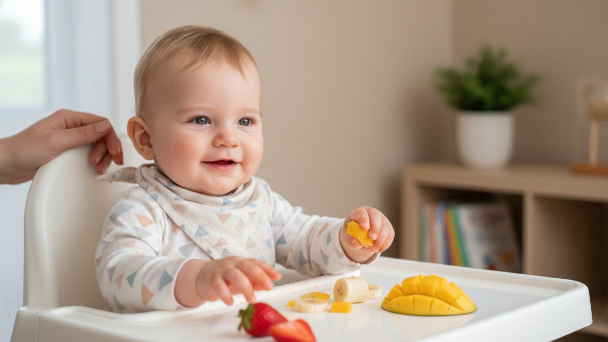 Beb&ecirc; de 7 meses em cadeira de alimenta&ccedil;&atilde;o, explorando com as m&atilde;os peda&ccedil;os de frutas frescas durante a introdu&ccedil;&atilde;o alimentar, sob o olhar atento e carinhoso de um adulto.