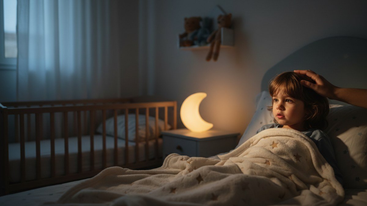 Criança pequena, entre 4 e 6 anos, com expressão de leve medo e curiosidade no escuro do quarto, sendo confortada pela mão de um adulto, em um ambiente com luz noturna suave.