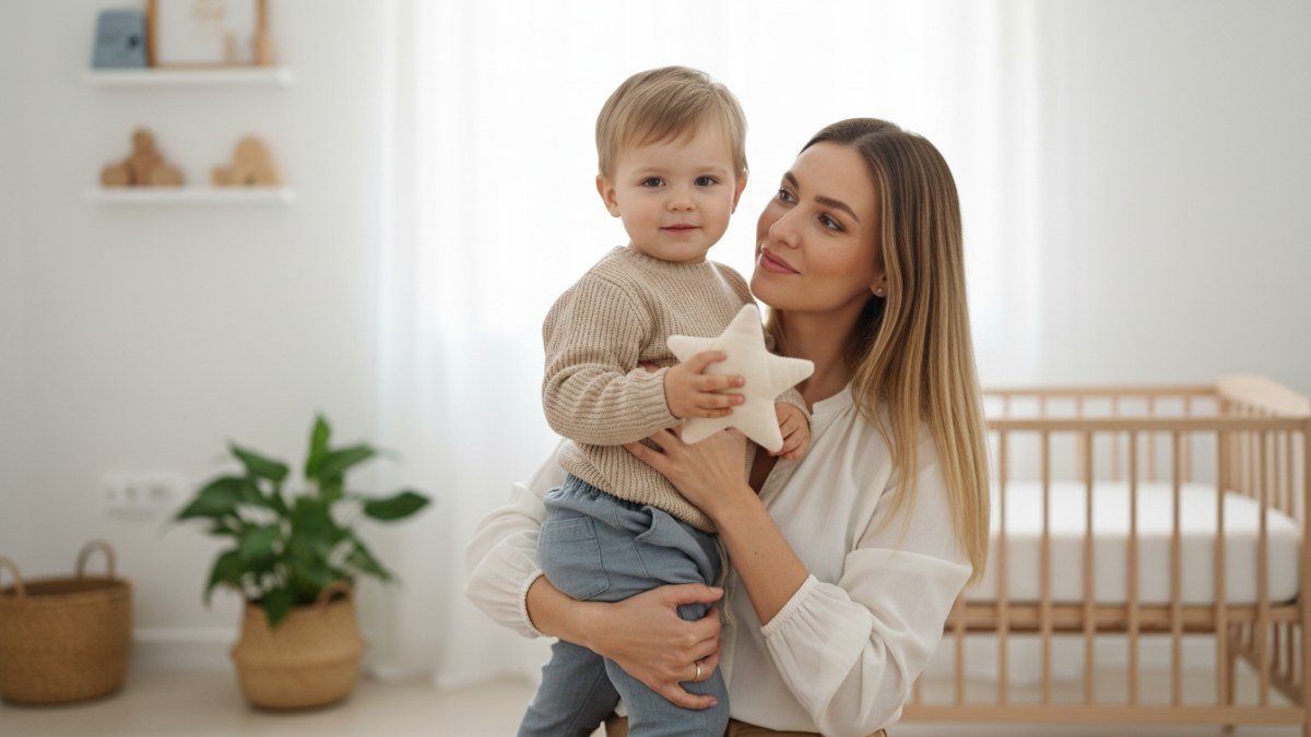 Criança pequena sorrindo nos braços de um adulto, transmitindo carinho e segurança. A imagem simboliza o sucesso na transição do desmame da chupeta e o crescimento com amor.