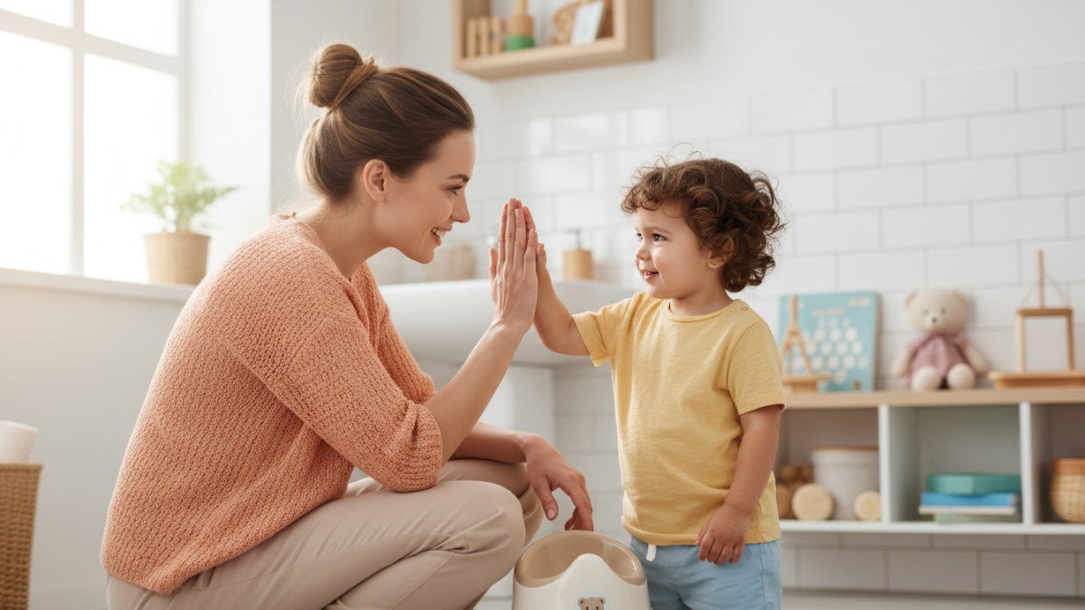 Crian&ccedil;a sorrindo e comemorando um 'high-five' com a m&atilde;e ou pai ao lado de um penico, simbolizando uma conquista no desfralde e o apoio familiar.