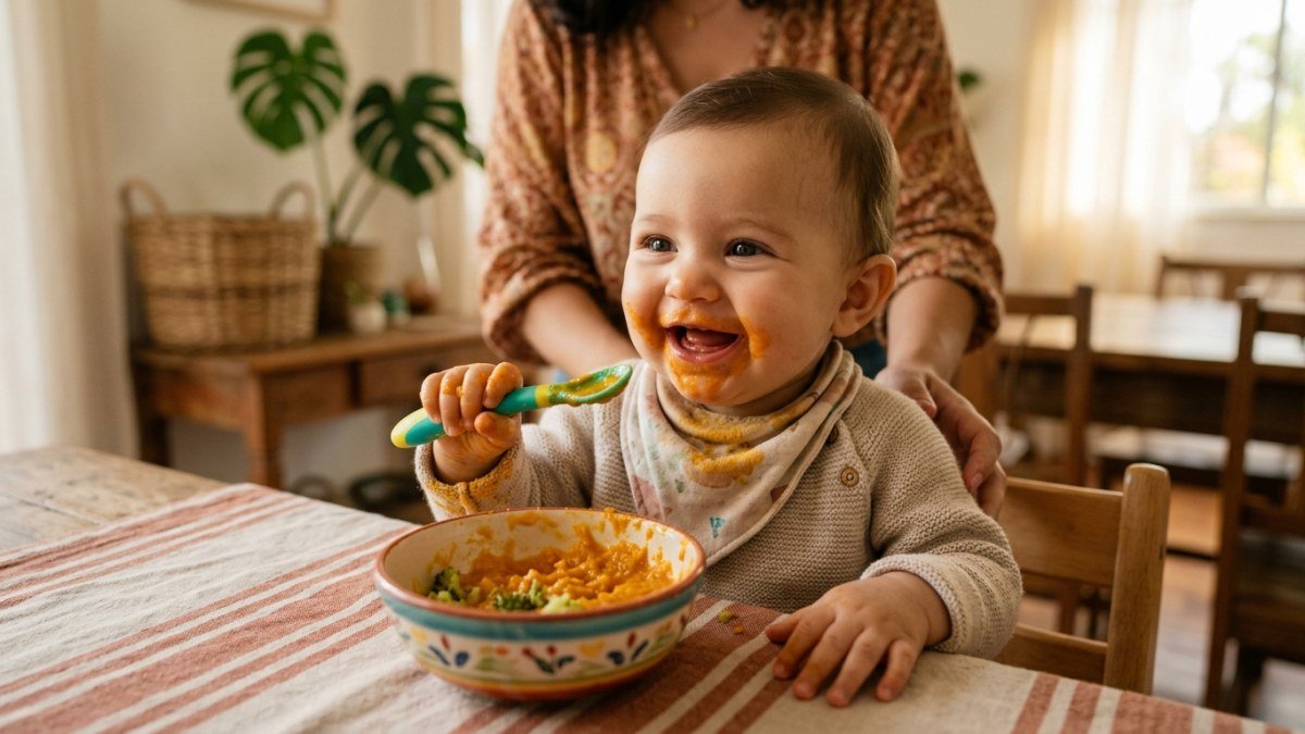 Beb&ecirc; sorridente e feliz explorando novos sabores durante a introdu&ccedil;&atilde;o alimentar, com as m&atilde;os sujas de papinha e um olhar curioso, em um ambiente familiar e acolhedor.