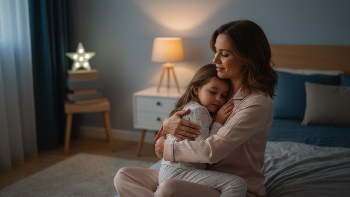 Mãe ou pai abraçando uma criança pequena em um quarto aconchegante e suavemente iluminado, transmitindo segurança e conforto emocional durante a noite. A cena ilustra o acolhimento parental diante do medo do escuro.