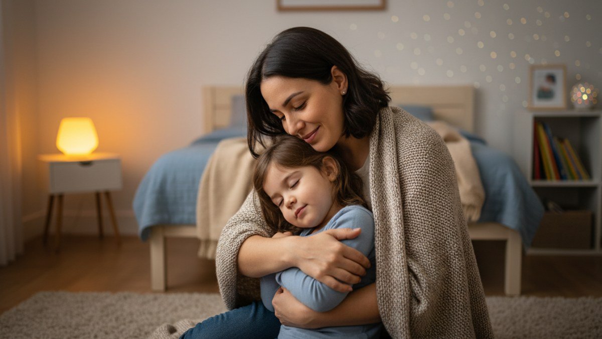 Uma mãe ou pai abraçando carinhosamente uma criança em um quarto iluminado por uma luz ambiente suave, transmitindo segurança e conforto. A cena simboliza o acolhimento e a superação do medo do escuro.