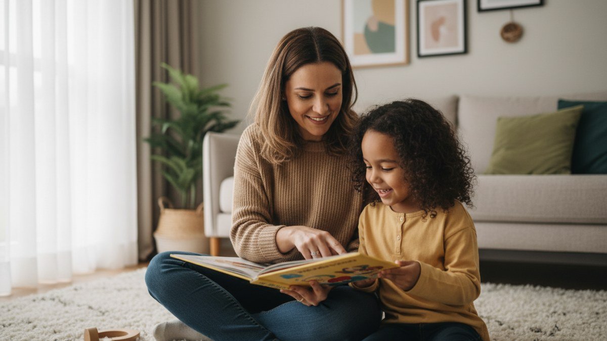 Adulto e criança sentados no chão da sala, ambos sorrindo e com contato visual, engajados em uma atividade simples como ler um livro, transmitindo a ideia de tempo de qualidade e conexão genuína entre pais e filhos.