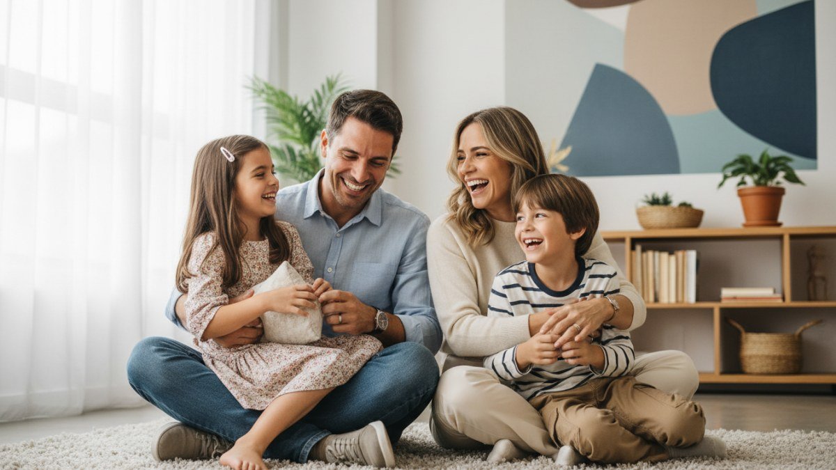 Família feliz (pai, mãe e filhos) rindo e interagindo em um momento de conexão genuína, destacando a importância do tempo de qualidade para fortalecer o vínculo familiar.