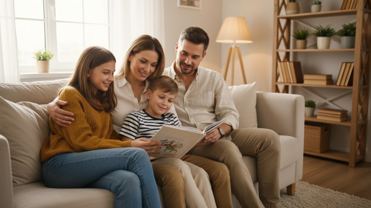 Uma família com pai, mãe e dois filhos (uma menina pré-adolescente e um menino) juntos no sofá, lendo um livro, simbolizando a força do vínculo familiar e a importância da presença nos momentos cotidianos.