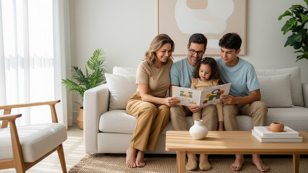 Família (pai, mãe, adolescente e criança) desfrutando de um momento tranquilo e conectado no sofá da sala, com um ambiente organizado e luz natural, transmitindo paz e equilíbrio.