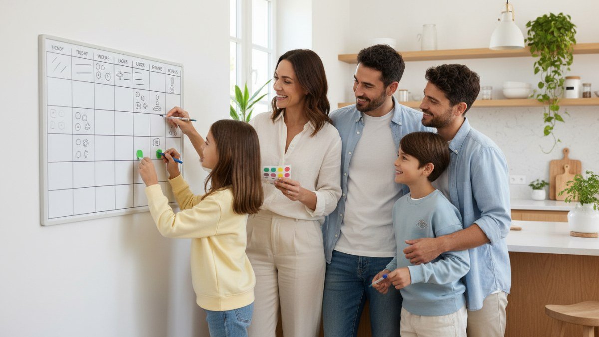 Família feliz organizando a rotina semanal em um quadro de planejamento. Pais e filhos colaboram para preencher as atividades do dia a dia com adesivos coloridos, simbolizando a organização prática e o planejamento eficaz para uma rotina familiar sem estresse.