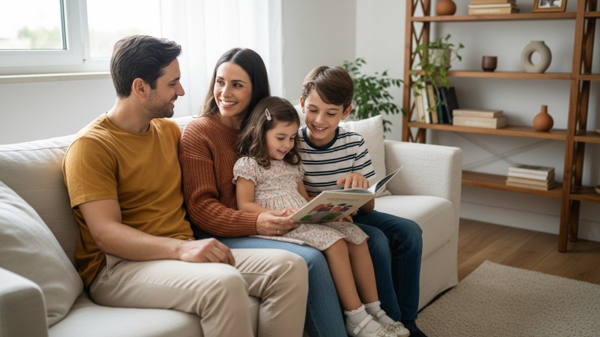 Família (pais e filhos) sorrindo e abraçados no sofá, desfrutando de um momento de leveza e conexão em casa, representando uma rotina familiar equilibrada e feliz.