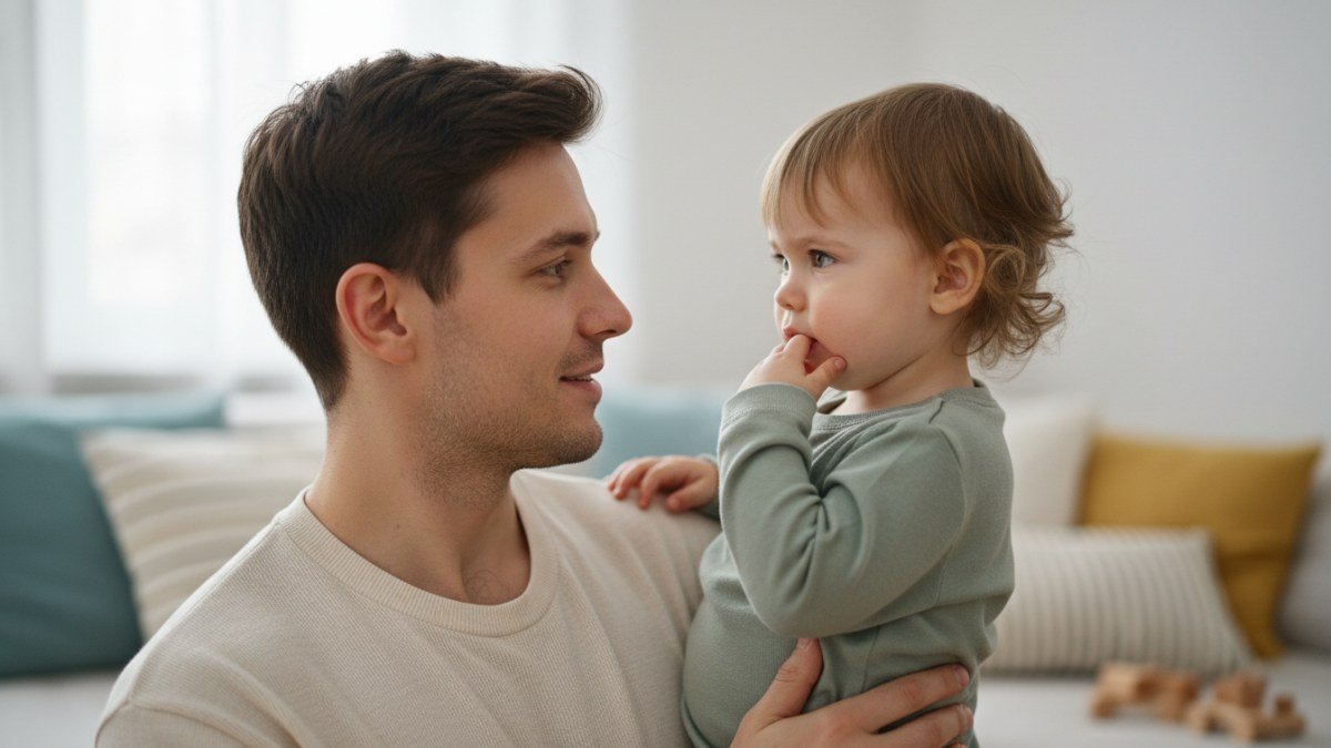 Mãe ou pai olhando com carinho e compreensão para uma criança pequena, transmitindo acolhimento em um momento de aprendizado e reflexão.