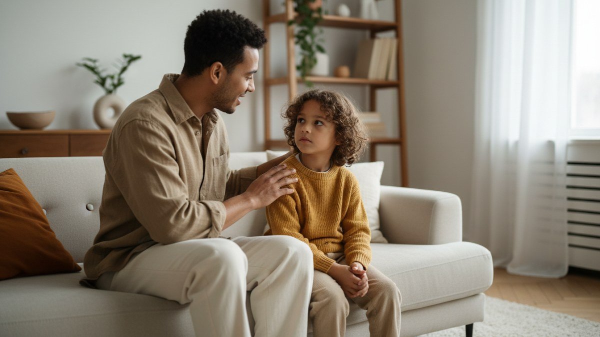 Uma m&atilde;e ou pai sentados confortavelmente com uma crian&ccedil;a em um ambiente dom&eacute;stico acolhedor, conversando calmamente e com aten&ccedil;&atilde;o, simbolizando o di&aacute;logo e a constru&ccedil;&atilde;o da confian&ccedil;a para orientar sobre a honestidade.