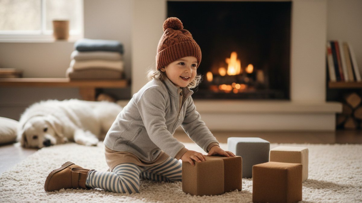 Crian&ccedil;a sorrindo e brincando livremente, vestindo roupas de inverno confort&aacute;veis e estrategicamente em camadas, com tecidos como l&atilde; merino e fleece. A imagem ilustra a efic&aacute;cia dos melhores tecidos para roupa infantil no inverno, garantindo aquecimento e liberdade de movimento.